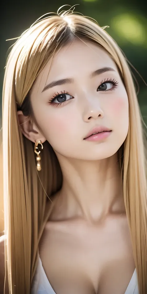 pretty girl, (ash blonde hair), ((very bun hair)), perfect face, no expression,(((１２talent)))、baby face、、 upper body,(cerulean e...