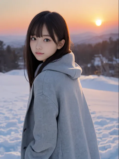 (Dressed in winter uniform with winter coat and scarf、Close up focus on the face of a slender girl with long hair with blunt bangs :1.5)、(A girl looking back with a sad face:1.5)、Scarf、light shines on your face、(Girls hair fluttering in the wind:1.5)、(Beau...