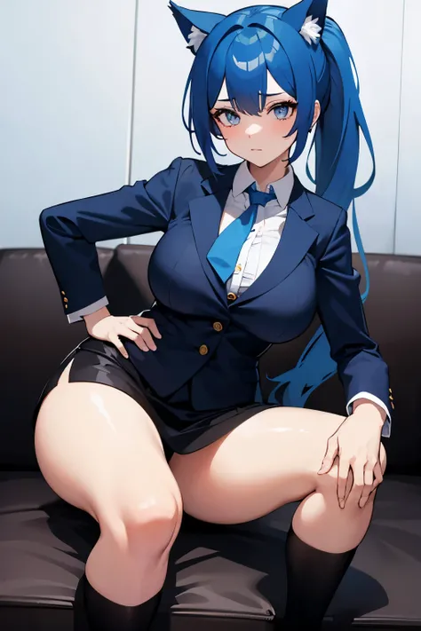 
1 girl, bright blue hair with long ponytail, sexy executive outfit, skirt and jacket, deep neckline, with cat ears, big breasts, wide hips