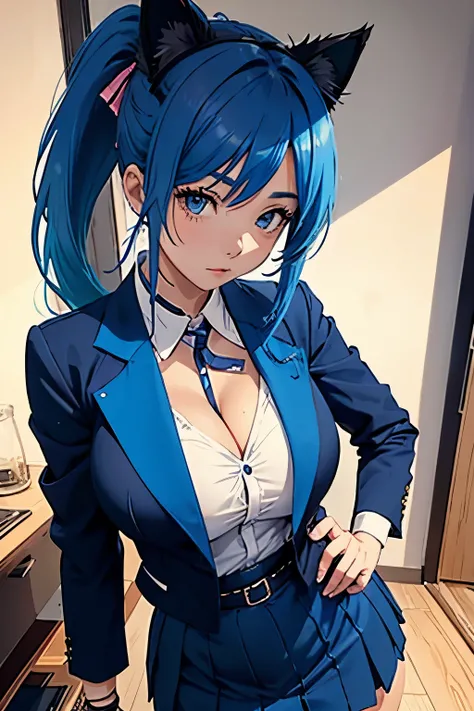 1 girl, bright blue hair with long ponytail, sexy executive outfit, skirt and jacket, pronounced semi-open neckline, with cat ears, big breasts, wide hips