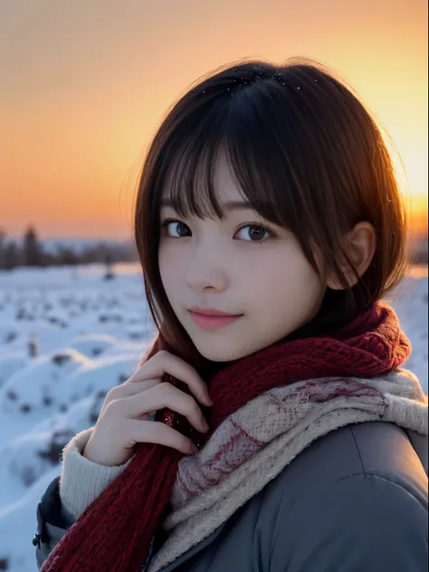 (Dressed in winter uniform with winter coat and scarf、Close up focus on the face of a slender girl with long hair with blunt bangs :1.5)、smiling girl:1.5)、Scarf、light shines on your face、(Girls hair fluttering in the wind:1.5)、(Beautiful snowy sunset red s...