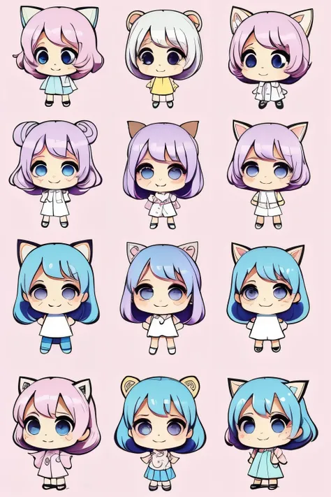 best quality, small, cute, chibi character design sheet, pastel color background