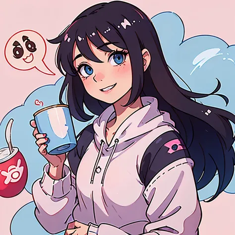 Brunette hair, hi res, 4K, high detail, anime, cute, blue eyes, YouTube, face, profile pic, geeky, pretty, pink, cosy, girl next door, cartoon, manga, love, perfect, smiling, coffee, mug, presenting, YouTuber 