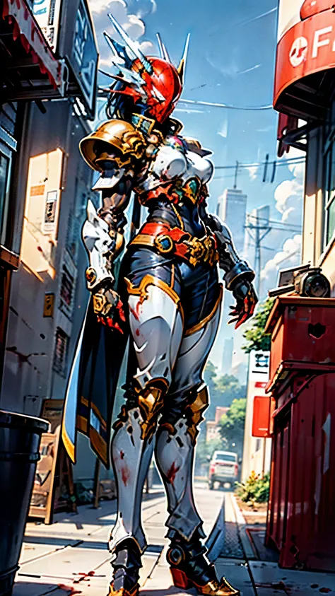 A woman adorned in fantasy-style full-body armor, a crown-concept fully enclosed helmet that unveils only her eyes, a composite layered chest plate, fully encompassing shoulder and hand guards, a lightweight waist armor, form-fitting shin guards, the overa...