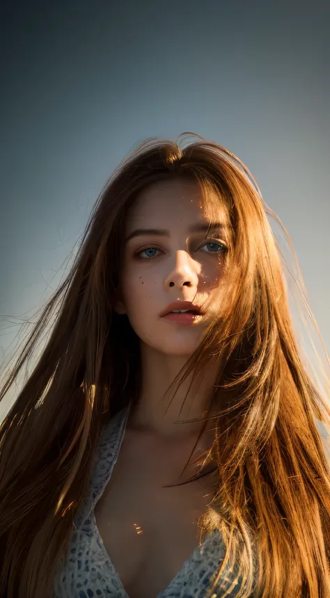 8k, RAW photo, highest quality, epic realistic, a pale 19-year-old Irishwomen, standing , london bridge in background, with bright red matted hair, captivating blue eyes, medium breasts, dynamic posture, erotic face, long coat, smart watch in hand, looking...