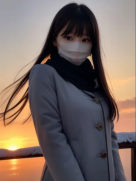 (Dressed in winter uniform with winter coat and scarf、Close up focus on the face of a slender girl with long hair with blunt bangs :1.5)、smiling girl:1.5)、Scarf、light shines on your face、(Girls hair fluttering in the wind:1.5)、(Beautiful snowy sunset red s...