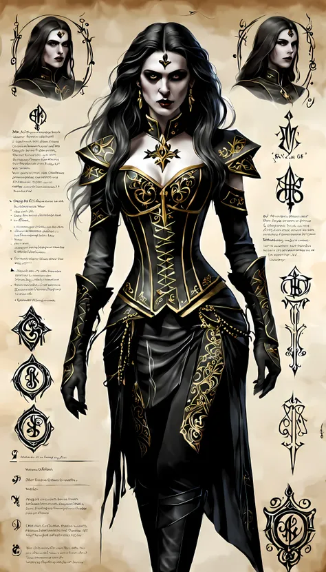 sketch_sheet, front view of menacing lysandra, an alluring necromancer with with flowing hair and vivid eyes, her attire consist...