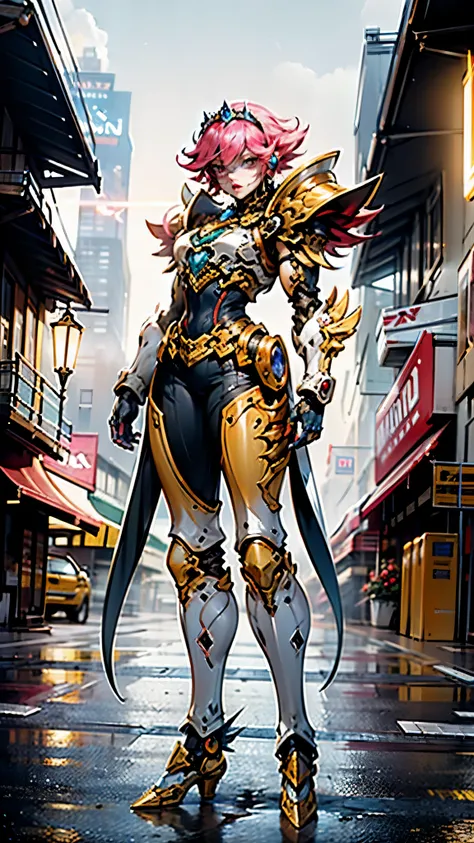 A woman adorned in fantasy-style full-body armor, a crown-concept fully enclosed helmet that unveils only her eyes, a composite layered chest plate, fully encompassing shoulder and hand guards, a lightweight waist armor, form-fitting shin guards, the overa...