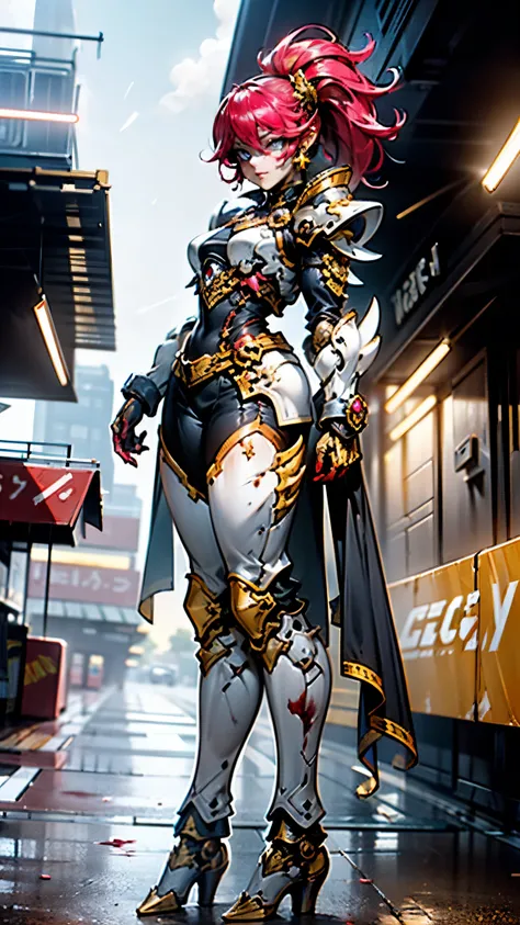 A woman adorned in fantasy-style full-body armor, a crown-concept fully enclosed helmet that unveils only her eyes, a composite layered chest plate, fully encompassing shoulder and hand guards, a lightweight waist armor, form-fitting shin guards, the overa...