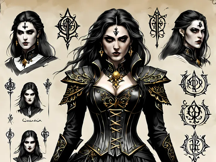 sketch_sheet, front view of menacing lysandra, an alluring necromancer with with flowing hair and vivid eyes, her attire consist...