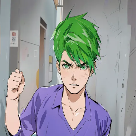 There is a drawing of a 16 year old man with green hair and a purple shirt, estilo anime jojo, tono de pantalla coloreado, mirada enojado, En estilo anime, en un estilo anime, el bromista se parece a naruto, dibujado con photoshop, Parecer enojado, en esti...