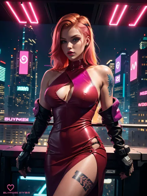 Blonde female cyberpunk corporate agent red hair green eyes purpkle lips tattoo shoulder with a tight leather uv pink color dress