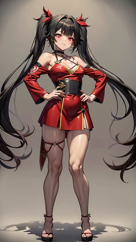 type: Digital Art Style: Anime style Color: Predominantly red with black and white contrasts, Eye color: bright crimson red, with luminous highlights. Hair color Black with red highlights, HAIRSTYLE: Long with twintails, adorned with traditional red and go...