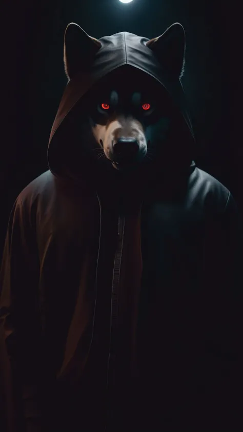 (best quality,4K 8k,highres,masterpiece:1.3),ultra-detailed,(photorealistic:1.37),(dark Alaskan Malamute) Wearing a black hooded cape, a red jacket and a blue shirt looking into the viewers soul Expression of serious glowing red eyes on a dark Fire backgro...