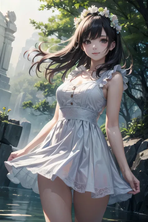 very cute and beautiful girl,Ruffled white summer dress with fine lace,skirt lift,(white panties),
(very detailed美しい顔),cowboy shot,(smile),black hair,flower crown,
(Standing by a water fountain in the forest),fog,fantastic stone monument,detailed landscape...