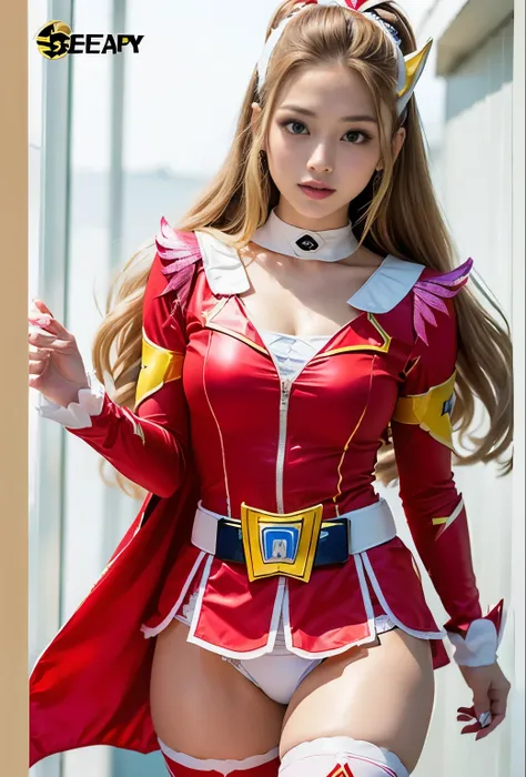 （8k、Raw 写真y、highest quality、masterpiece：1.2),(Blonde、Very long brown hair:1.7),ponytail、white panties、show viewer,Looking at the front,erotic,(super sentai series、She is wearing a red Precure costume.:1.6)、（mini skirt:1.3）、（white panties:1.3