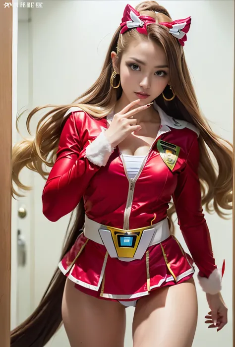 （8k、Raw 写真y、highest quality、masterpiece：1.2),(Blonde、Very long brown hair:1.7),ponytail、white panties、show viewer,Looking at the front,erotic,(super sentai series、She is wearing a red Precure costume.:1.6)、（mini skirt:1.3）、（white panties:1.3