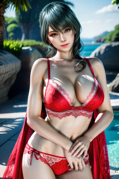 1 girl,vampire princess,Red luxury lingerie, (lace:1.3),stockings,Outdoor activities, (standing posture),jewelry,Lips slightly open, lustful smile, red lips,(Lactation:1.3),(huge breasts:1.4),skin shiny,((8k, original photo, top quality, masterpiece), HD R...