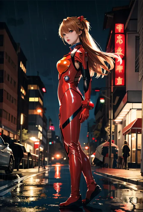 highest quality, kusubero redhead, master part, realistic, realistic, 1 girl, alone, view viewer, whole body, Are standing, long hair, asuka fantasy, , plug suit, body suit, hair ornaments, detailed background, in the street, night, light, rain,