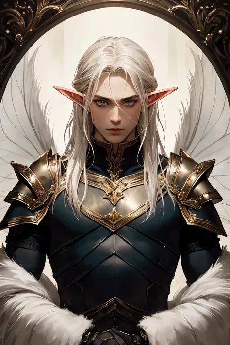 masterpiece, best quality, 1 person, （adult male），strong, alone, white hair, Keep your mouth shut, fantasy aesthetics, Very detailed, shadow poetry style, Elf costumes, （light brown skin），（Wearing white elf-style armor），elf ears, mystery, fantasy, Elf King...