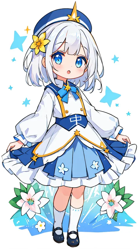 a girl、White background、Star、flower香、flower、white hair、blue eyes、long、uniform、puffy skirt、flower卉发饰、stand圖片、stand、cute little、​Masterpiece、Top image quality、top quality