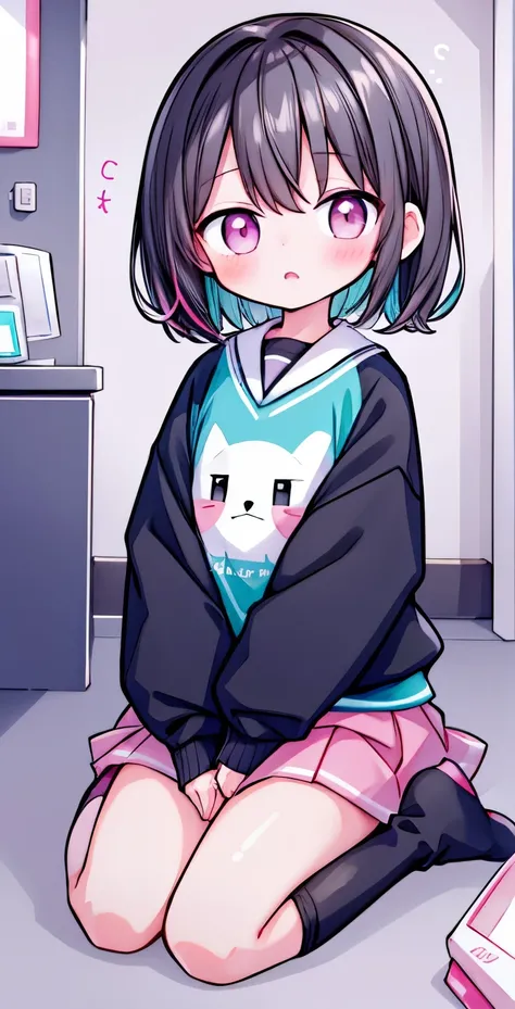 Girl with short dark hair，shy，blush，earphone，Turquoise sweatshirt，pink skirt，White knee socks，black boots，