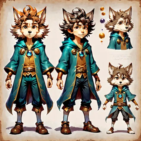 create an original character design sheet,anime main character,boy,wizard,natural perm,my partner is a wolf,((3 views,whole body...