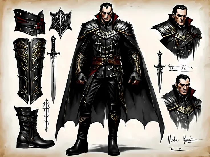 sketch_sheet, front view of menacing viktor, a formidable vampire warrior with a commanding presence, standing confidently with ...