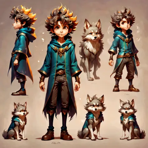 create an original character design sheet,anime main character,boy,wizard,natural perm,my partner is a wolf,((3 views,whole body...