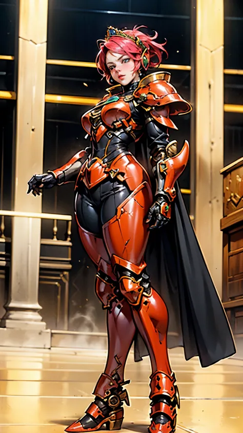 A woman adorned in fantasy-style full-body armor, a crown-concept fully enclosed helmet that unveils only her eyes, a composite layered chest plate, fully encompassing shoulder and hand guards, a lightweight waist armor, form-fitting shin guards, the overa...