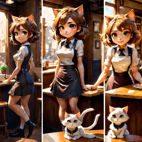 Create an original character design sheet,anime main character,girl,cafe clerk,my partner is a cat,((3 views,whole body, background,multiple views,High resolution)),be familiar with,multiple views,Active,action pose,dynamic,nice,cute,masterpiece,highest qu...