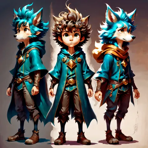 create an original character design sheet,anime main character,boy,wizard,natural perm,my partner is a wolf,((3 views,whole body...