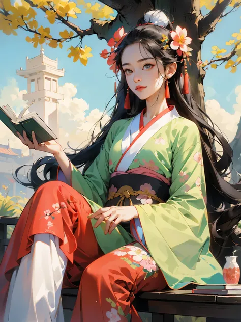 absurdres, highres, ultra detailed, (1girl:1.3), hand drawn, simple line, a 20yo girl  in colorful hanfu, sitting under the peac...