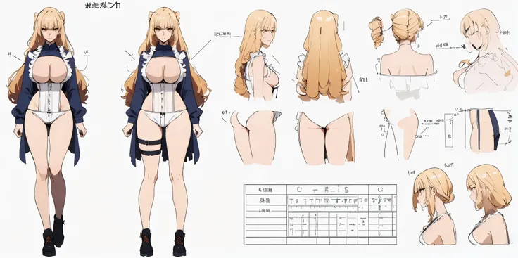 rose, blonde hair, long hair, drill hair, girl, solo, full body, from head to toe, standing, (Huge_Breasts:1.3), Character Design Sheet, character reference sheet, character turn around, slingshot swimsuit, frills,
