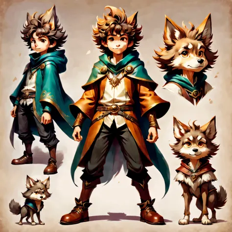 create an original character design sheet,anime main character,boy,wizard,natural perm,my partner is a wolf,((3 views,whole body...