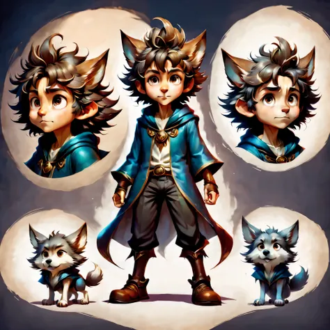 Create an original character design sheet,anime main character,boy,wizard,natural perm,wolf ears and nose,((3 views,whole body, background,multiple views,High resolution)),be familiar with,multiple views,Active,action pose,dynamic,nice,cute,masterpiece,hig...