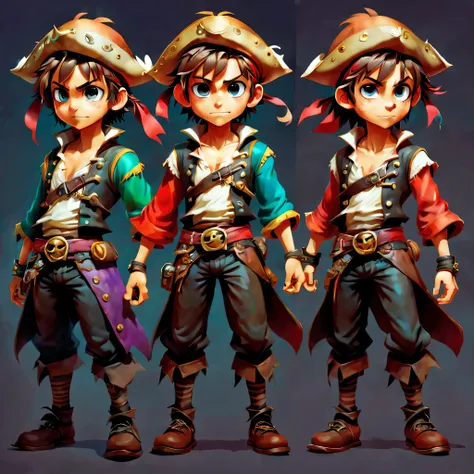 create an original character design sheet,anime main character,boy,pirate clothes,((3 views,whole body, background,multiple view...