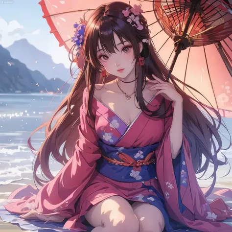 anime girl in kimono outfit sitting on the beach with umbrella, beautiful anime girl, Beautiful anime woman, pretty anime girl, Beautiful anime, anime style 4k, cute anime girl, Cute anime waifu wearing beautiful clothes, attractive anime girl, seductive a...