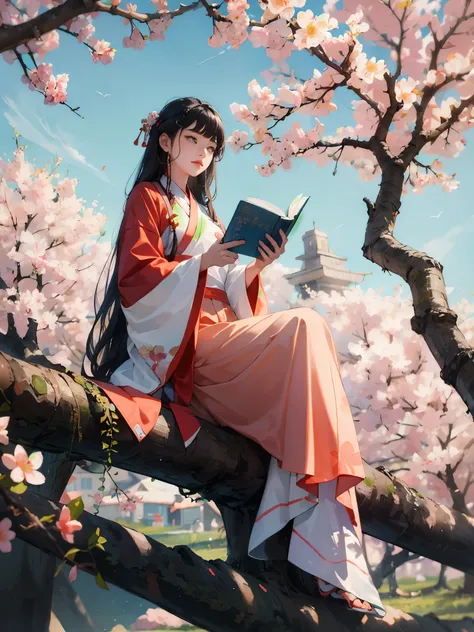 absurdres, highres, ultra detailed, (1girl:1.3), hand drawn, simple line, a 20yo girl  in colorful Hanfu, sitting under the peach blossom tree, masterpiece, sunny day, reading book, look at the book