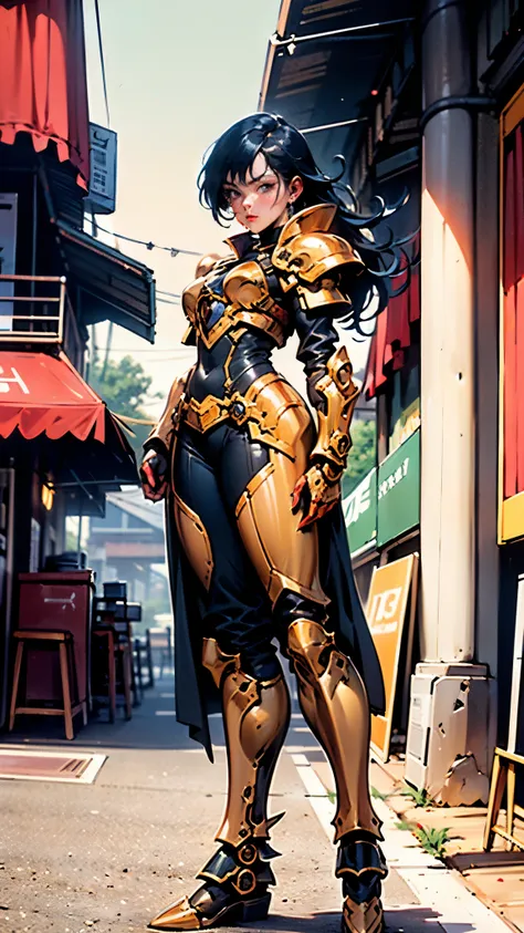 A woman adorned in fantasy-style full-body armor, a crown-concept fully enclosed helmet that unveils only her eyes, a composite layered chest plate, fully encompassing shoulder and hand guards, a lightweight waist armor, form-fitting shin guards, the overa...