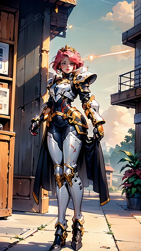 A woman adorned in fantasy-style full-body armor, a crown-concept fully enclosed helmet that unveils only her eyes, a composite layered chest plate, fully encompassing shoulder and hand guards, a lightweight waist armor, form-fitting shin guards, the overa...