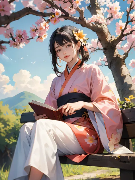 absurdres, highres, ultra detailed, (1girl:1.3), hand drawn, simple line, a 20yo girl  in colorful Hanfu, sitting under the peach blossom tree, masterpiece, sunny day, reading book, look at the book