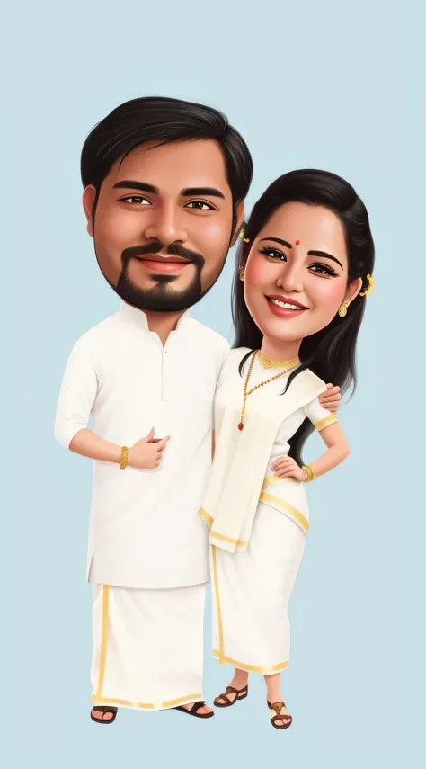 cartoon of a man and woman in traditional clothes standing next to each other, cartoon still, happy couple, detailed illustration portrait, cartoon digital art, high quality portrait, caricature, intertwined full body view, black eyes, black hair, super de...