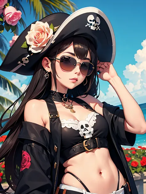 Kawaii Design, cute lovely pirate skull, focus on the face, Stylish sunglasses, Fashionable hats, beautiful flower, sun, Surrounded by roses, highest quality