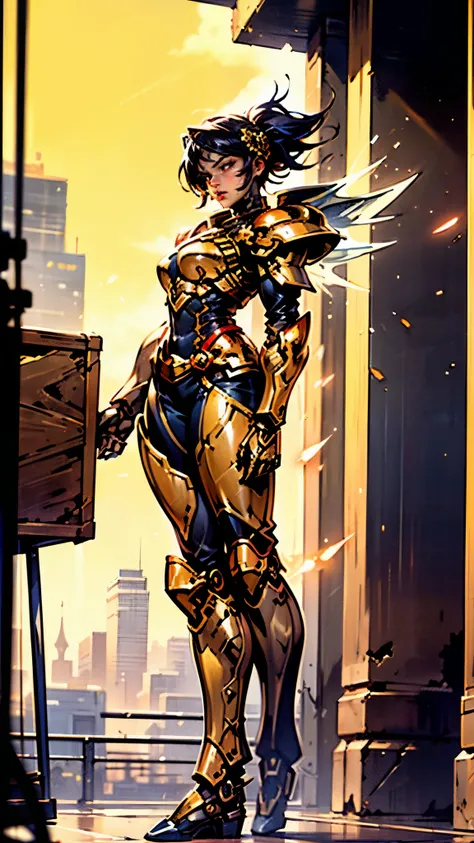 A woman adorned in fantasy-style full-body armor, a crown-concept fully enclosed helmet that unveils only her eyes, a composite layered chest plate, fully encompassing shoulder and hand guards, a lightweight waist armor, form-fitting shin guards, the overa...