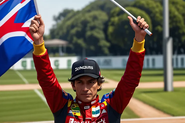 Foto de Ayrton Senna segurando a bandeira do Brasil 