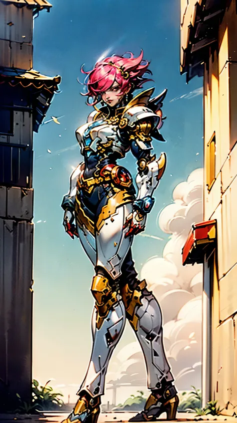 A woman adorned in fantasy-style full-body armor, a crown-concept fully enclosed helmet that unveils only her eyes, a composite layered chest plate, fully encompassing shoulder and hand guards, a lightweight waist armor, form-fitting shin guards, the overa...