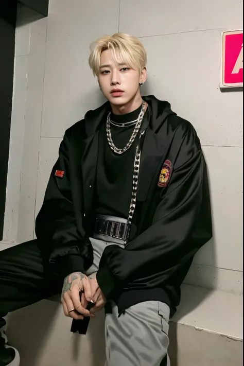 Super realistic portrayal of a blonde-haired, young Korean boy sitting in front of a danger sign, Lil Peep, Bladee of the Drain gang, Dorian Cleavanger, wearing a bandana and chain, Cha Eun Woo, in Cyber Punk 2077, taken in early 2023, Cyber Songman, Seb M...