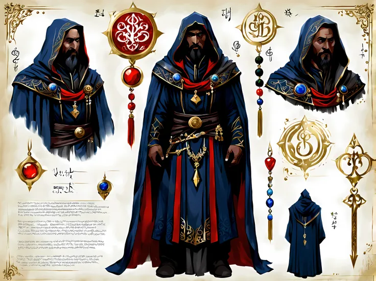 sketch_sheet, front view of brilliant malakar, a powerful dark wizard with magical aura, he has tall and slender figure, wearing...