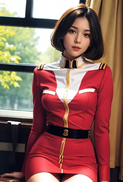 real photos、Highest image quality、Her red miniskirt is flipped up and her white panties are visible.、super mini skirt、beautiful thighs、beautiful face、federal army uniform、18 year old beauty、Michal Latkie、